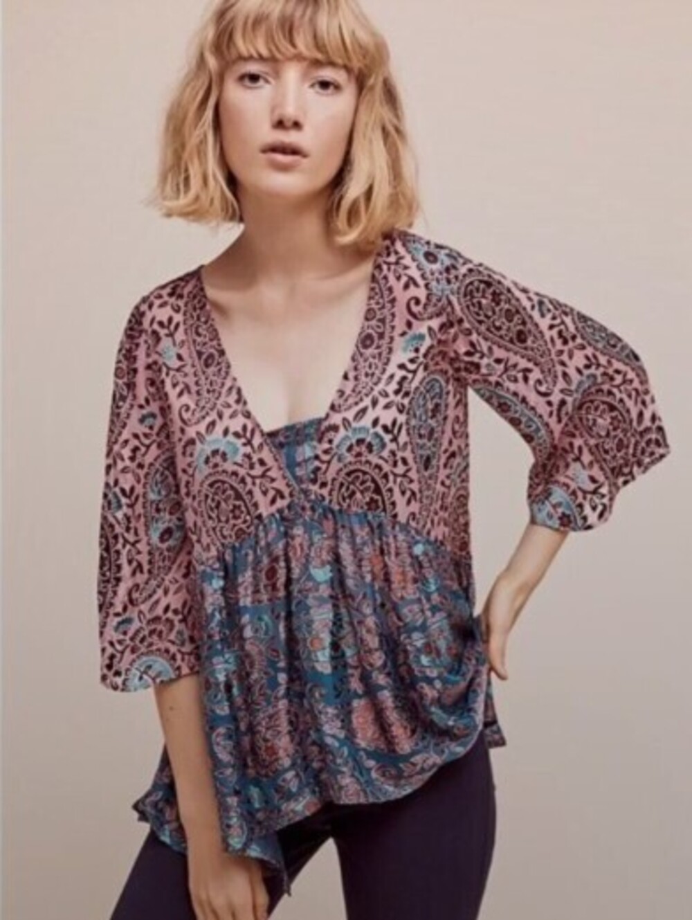 Floreat by Anthropologie Blue Silk Blend Burnout Velvet Top - Size - Large